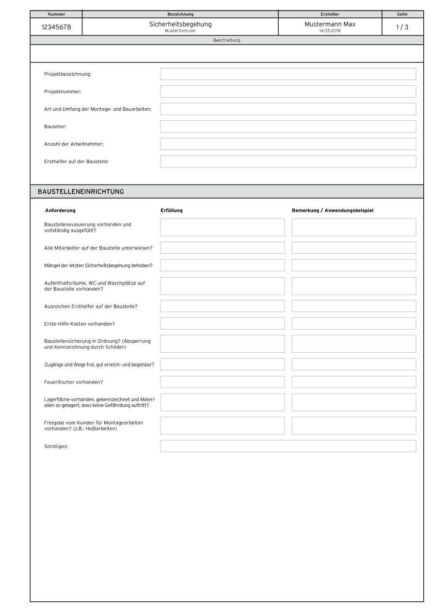 Erstelltes Formular für Sicherheitsbegehung, Seite 1