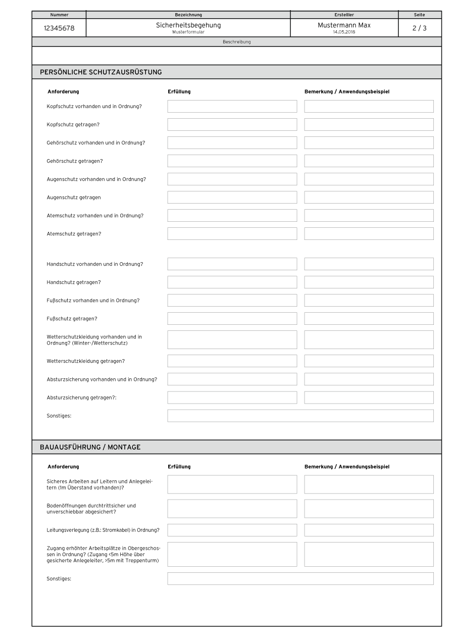 Erstelltes Formular für Sicherheitsbegehung, Seite 2