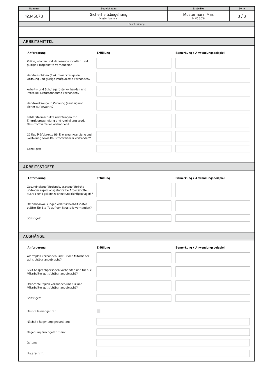 Erstelltes Formular für Sicherheitsbegehung, Seite 3
